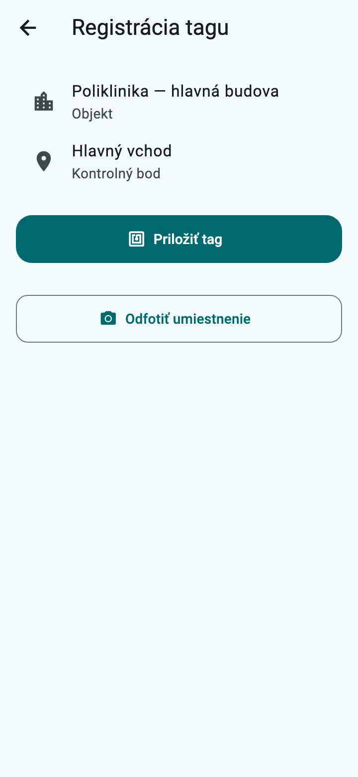 Registrácia čipu v mobilnej aplikácii s vybraným objektom a bodom