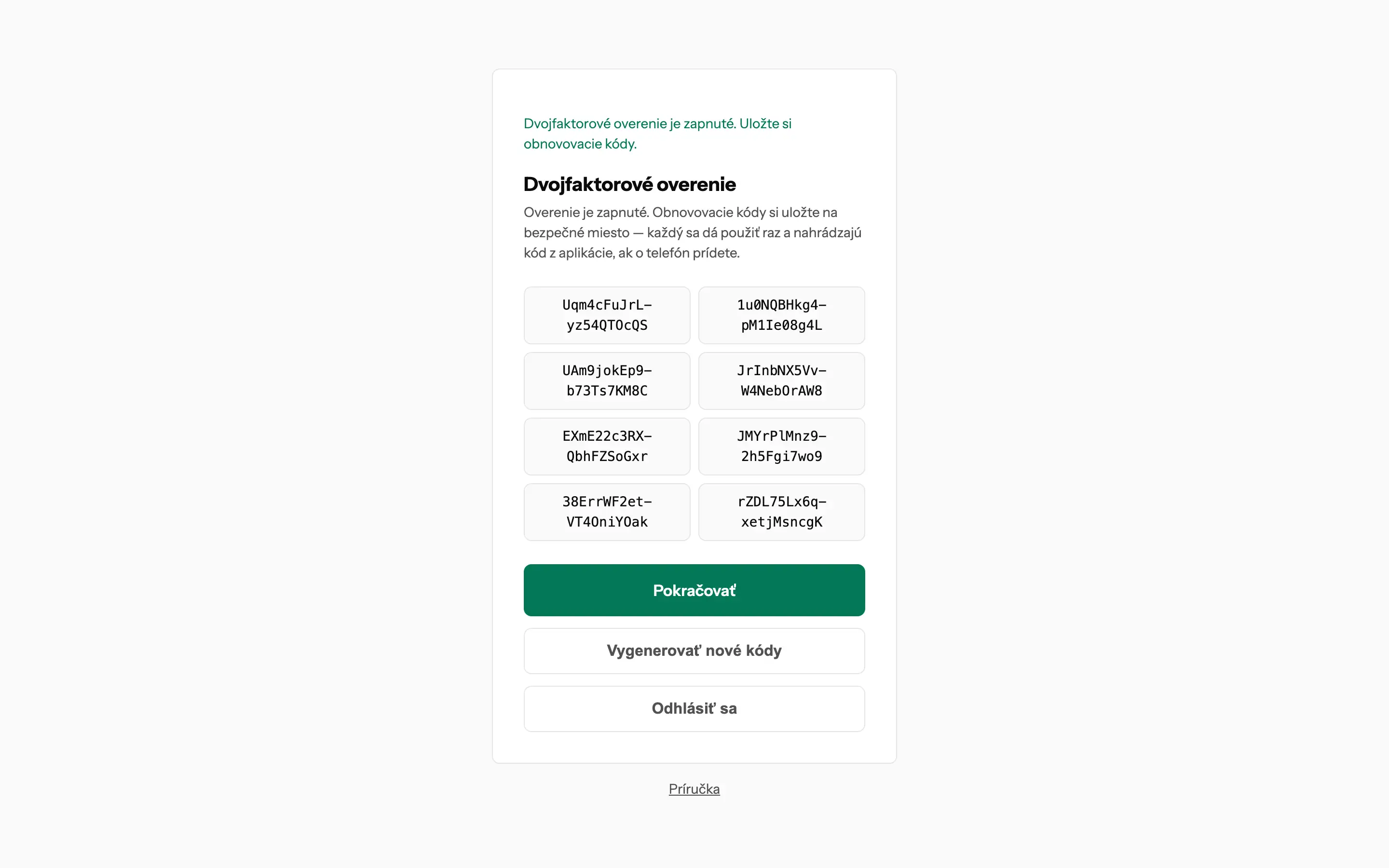 Osem obnovovacích kódov po zapnutí dvojfaktorového overenia a tlačidlo Pokračovať