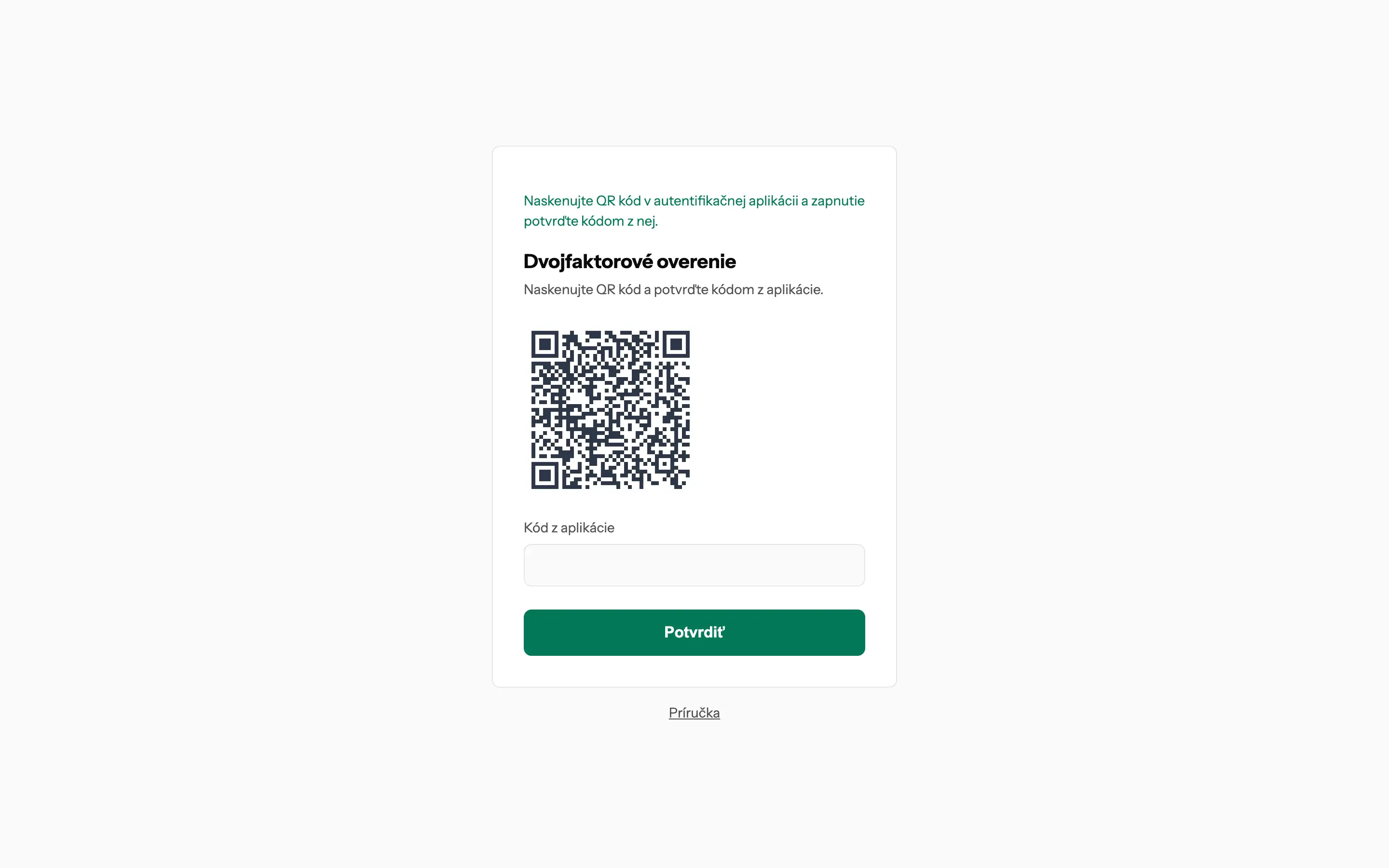 QR kód pre autentifikačnú aplikáciu, pole Kód z aplikácie a tlačidlo Potvrdiť