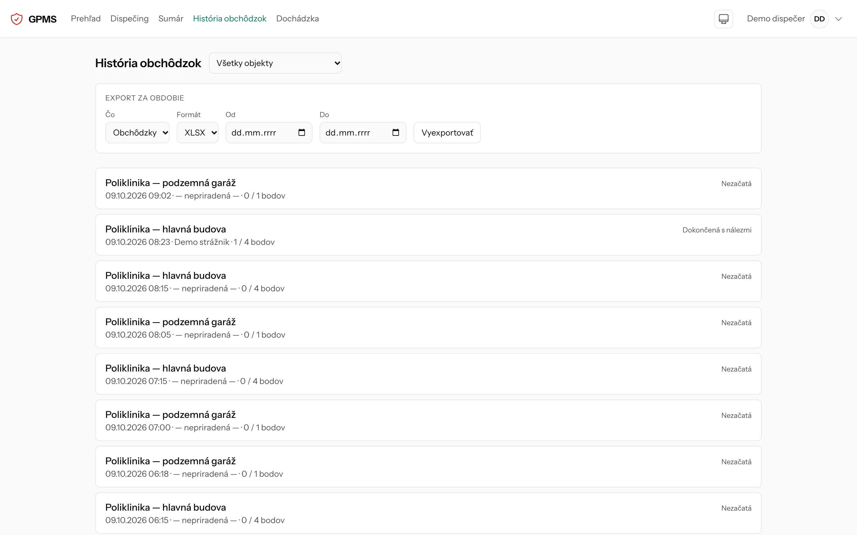 História obchôdzok s exportom za obdobie a zoznamom naposledy uzavretých obchôdzok